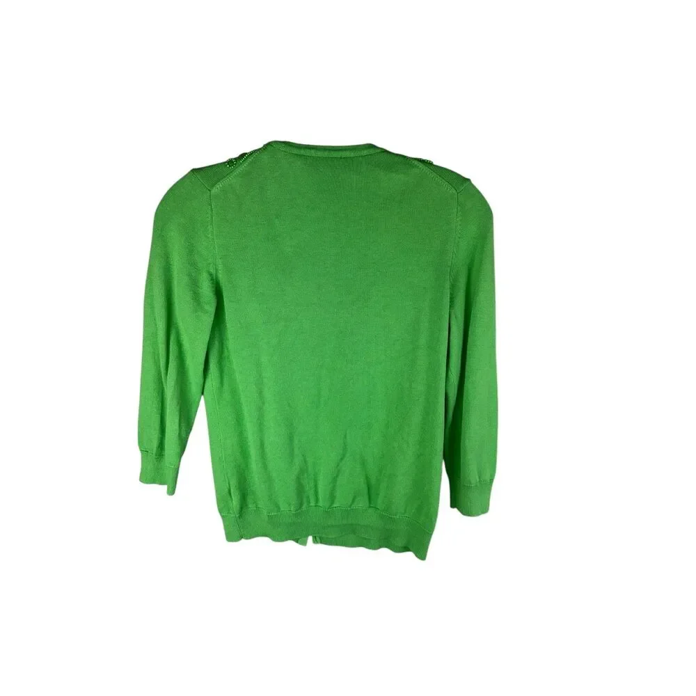 TALBOTS SWEATER CARDIGAN Green Beaded 3/4 Sleeves‎ Small Petite